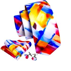 NWT Barry Wang 3pcs Tie set, 100 % silk necktie,cufflinks ,pocket square